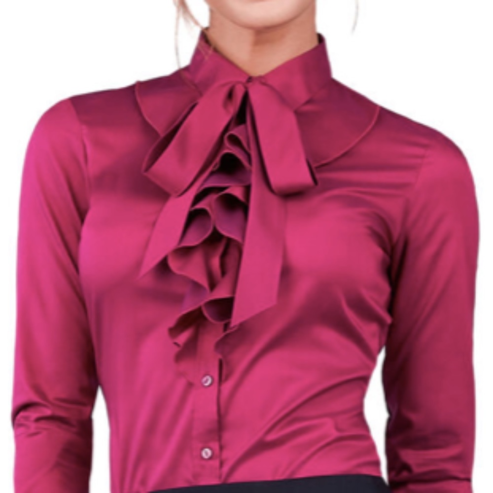 NWOT Fitted Magenta Pussybow Tie Neck Twill Shirt